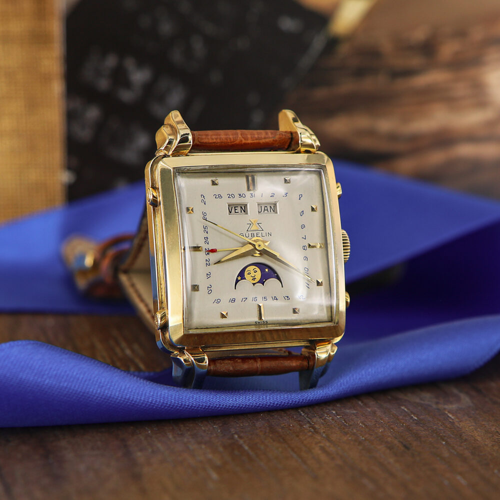 Gübelin 18k Yellow Gold Vintage Square Triple Date Moonphase