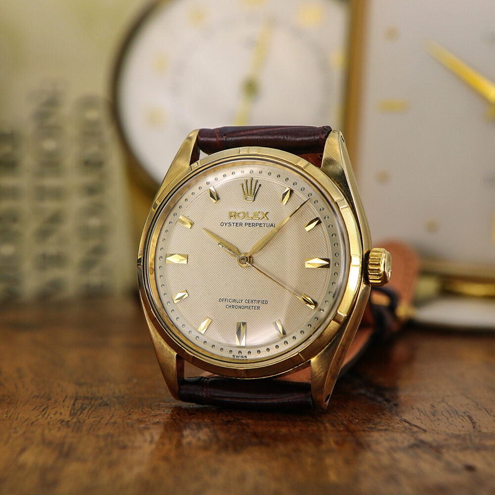 Rolex Oyster Perpetual Yellow Gold Ref. 6565 Amazing Guilloche Dial from year 1955