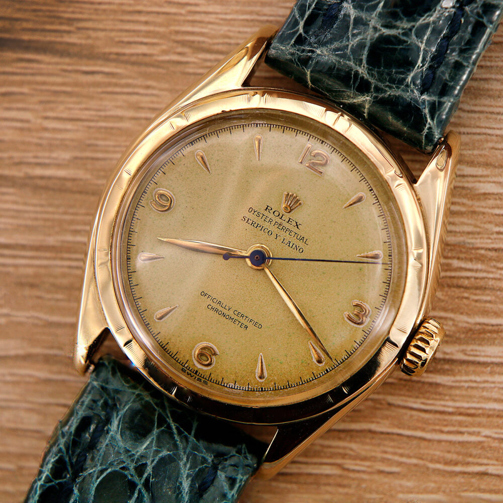Rolex Bubbleback ref. 6085 18kt yellow Gold Serpico Y Laino Dial from 50s