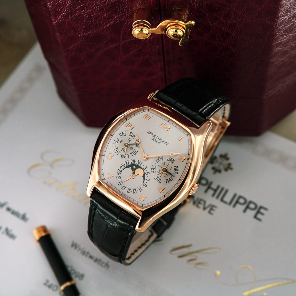 Patek Philippe Perpetual Calendar Tonneau Case 18kt Pink Gold, Ref. 5040R with Box and Extract PP