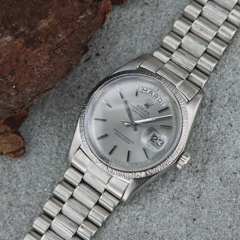 Rolex Day-Date Bark Finish Ref.1807, 18kt White Gold, Gray Dial, from the year 1967