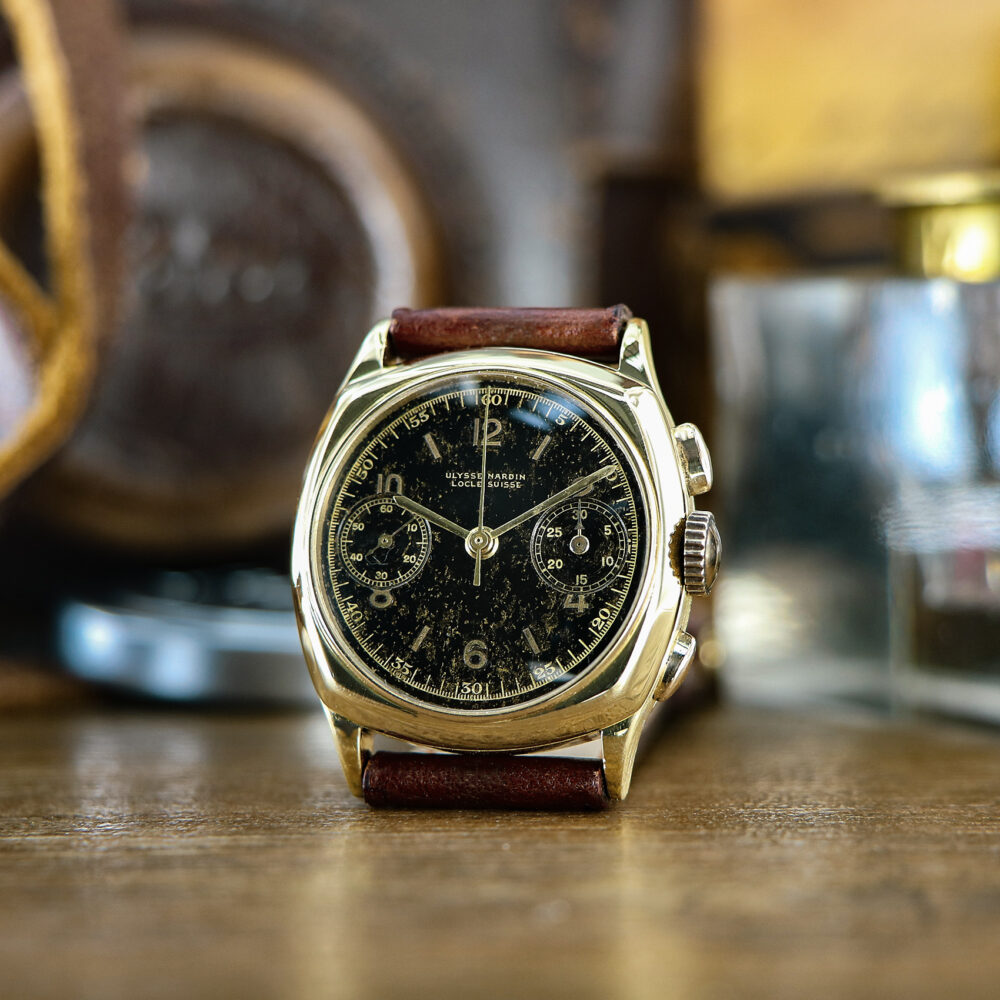 Ulysse Nardin Vintage Chronograph Cushion Shape, 18kt Yellow Gold, Black Dial, from the 20s